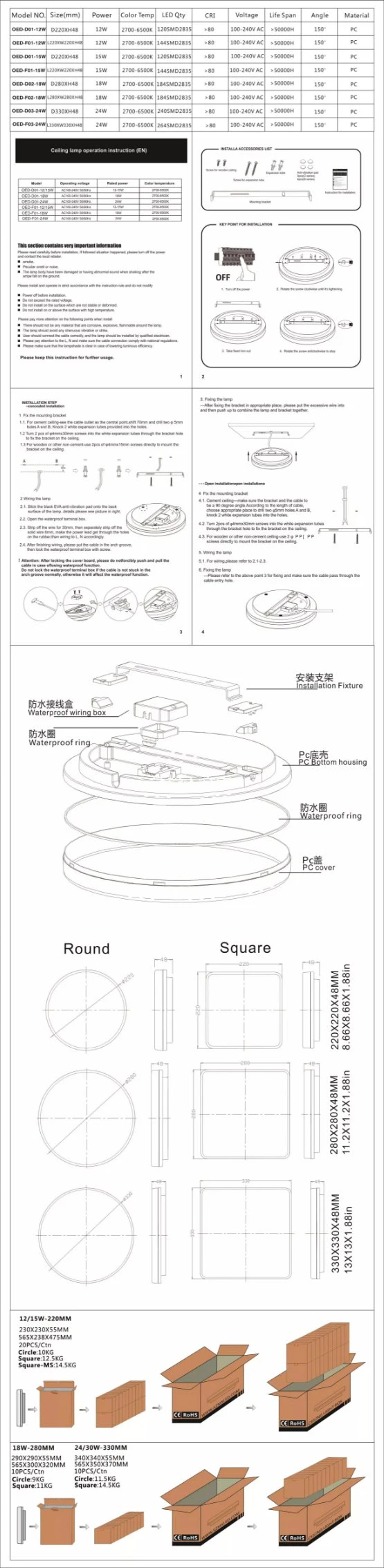 Indoor Outdoor IP54 Modern Ceiling Light Fixture for Steam Room, Hotel, Bathroom Square Acrylic IP65 LED Ceiling Light